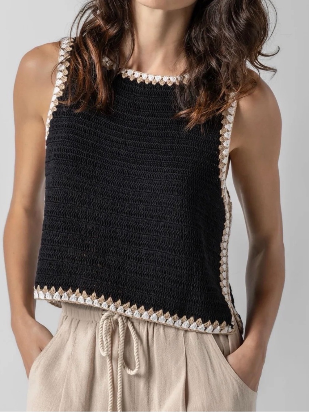 NWT Lilla P Black Tank Top with Cream Crochet Trim